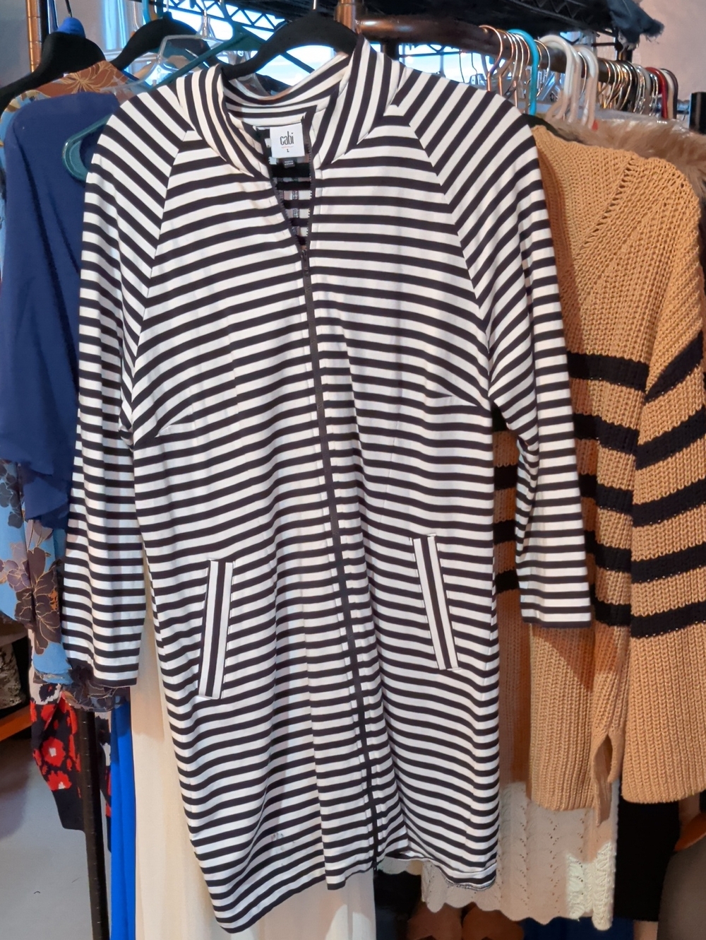 CAbi Black & White Striped Zip-Front Jacket